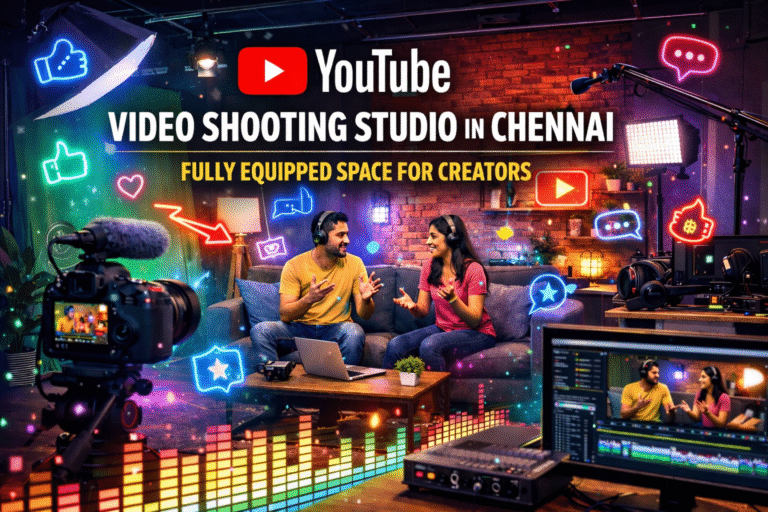 Modern YouTube video shooting studio in Chennai featuring creators filming content with professional lighting, camera setup, audio equipment, and neon studio ambience