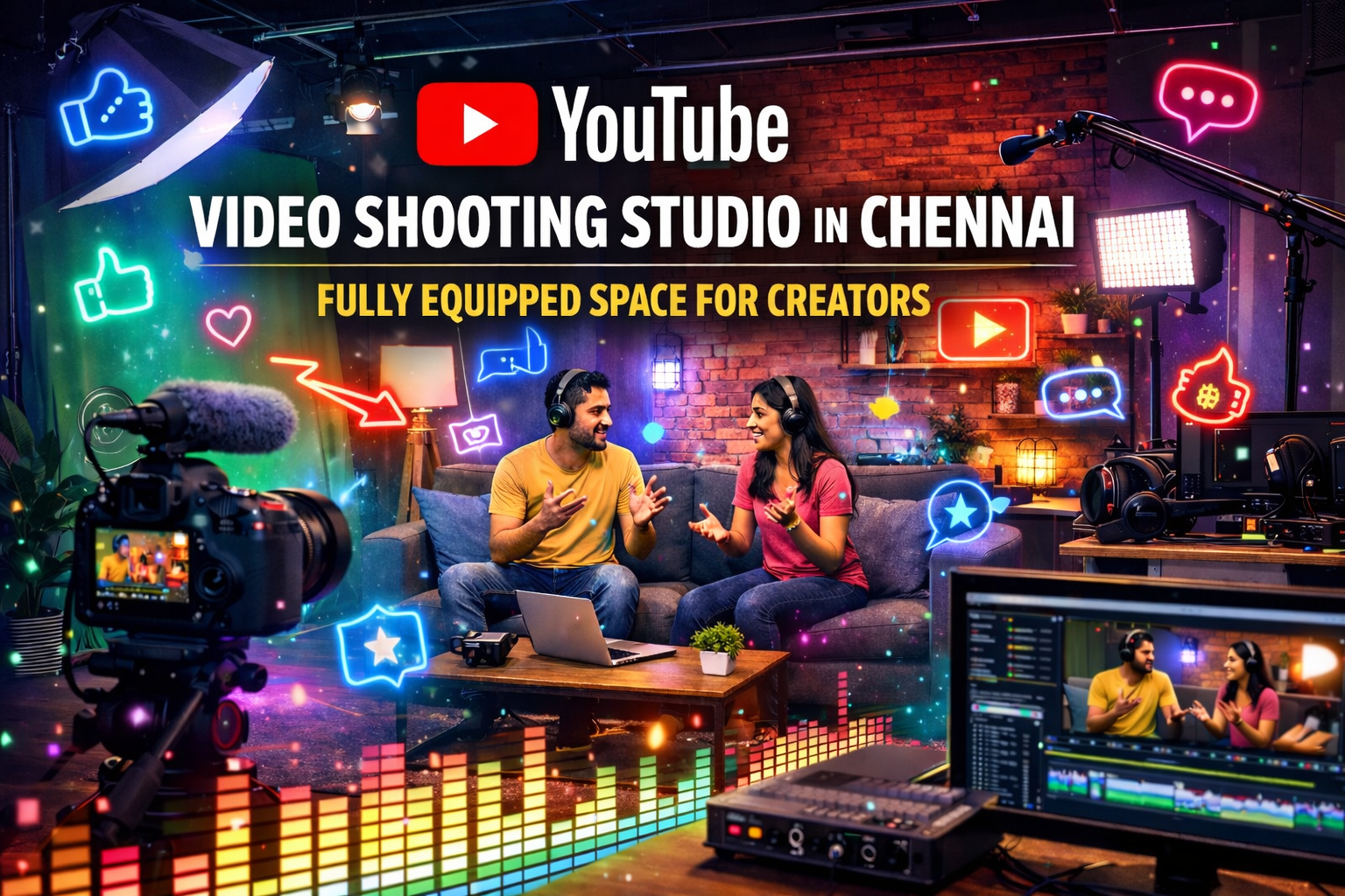 Modern YouTube video shooting studio in Chennai featuring creators filming content with professional lighting, camera setup, audio equipment, and neon studio ambience