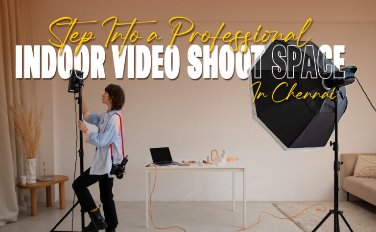 Professional indoor video shoot studio setup in Chennai with softbox lighting, camera equipment, and a clean modern filming space