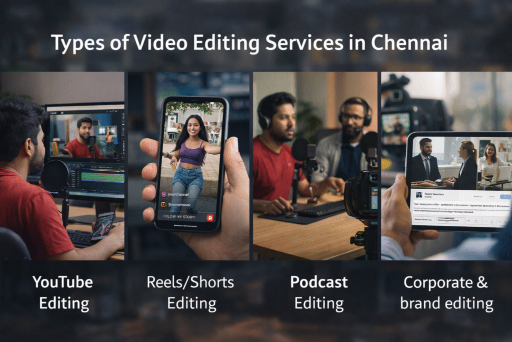 Video Editing Services in Chennai categories featuring YouTube video editing, Instagram Reels editing, podcast editing, and corporate brand video editing