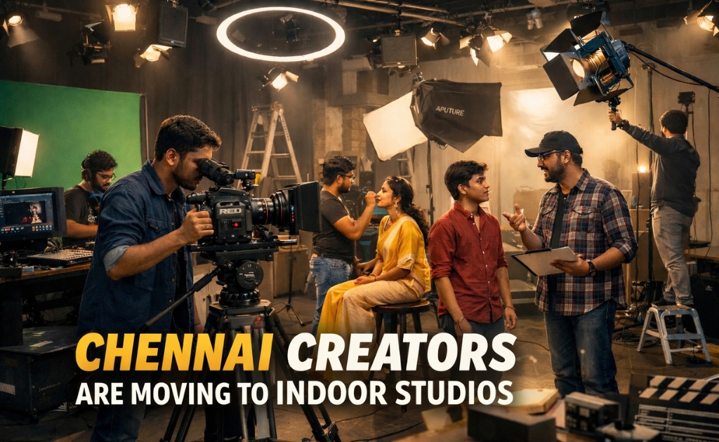Chennai creators filming inside a professional indoor studio with cameras, ring lights, softbox lighting, green screen, and production crew