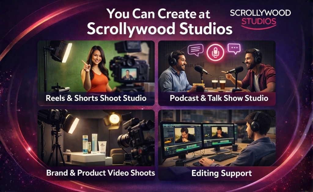 Reels Shoot Studio in Chennai featuring professional content creation spaces at Scrollywood Studios