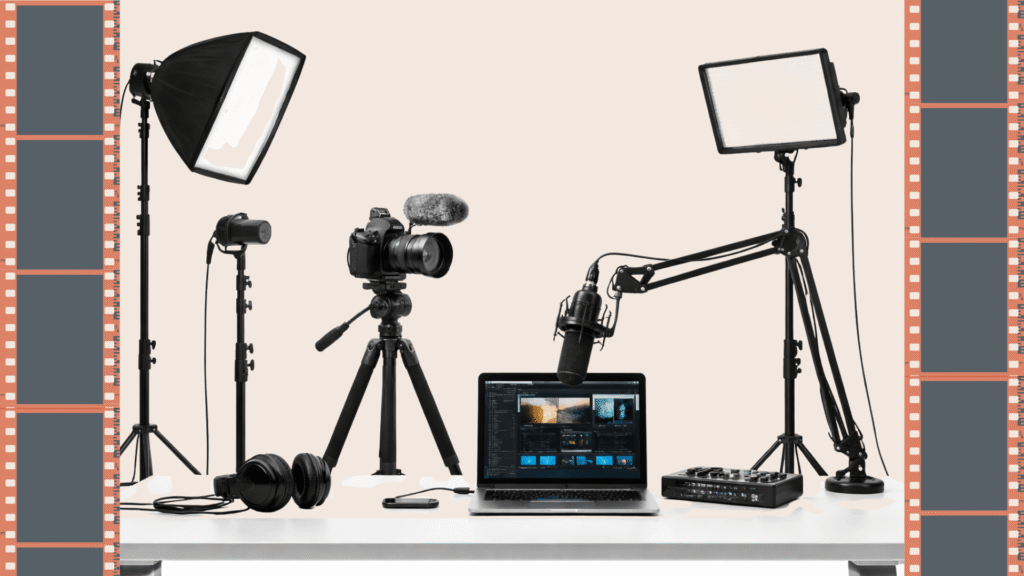 YouTube Video Shooting Studio in Chennai setup with camera on tripod, softbox and LED lights, microphone on boom arm, laptop with video editing software, audio interface, and headphones arranged on a desk.