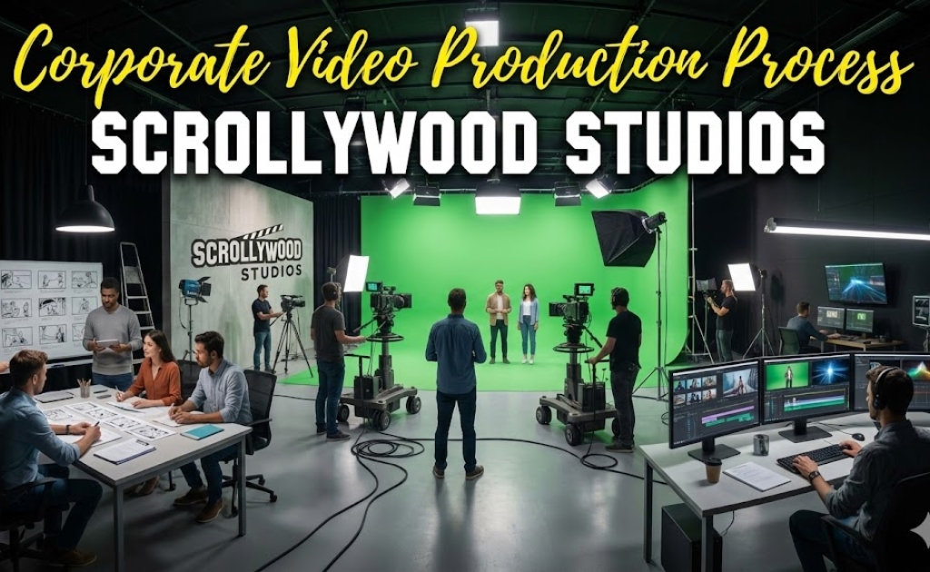 Corporate Video Makers in Chennai showcasing complete corporate video production process with studio crew, green screen filming and editing team