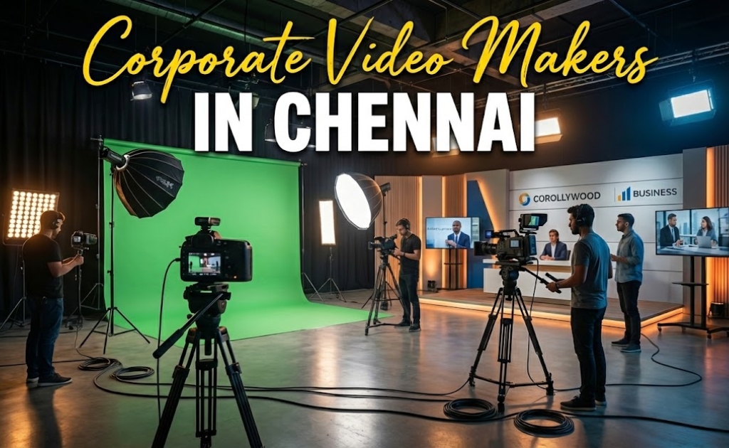 Corporate Video Makers in Chennai shooting professional business video in green screen studio with cameras, lighting setup and production crew