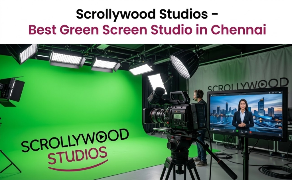 Green Screen Studio in Chennai at Scrollywood Studios with professional lighting and video production setup