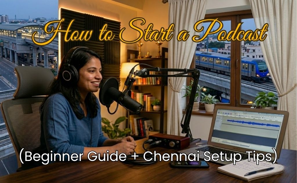 how to start a podcast in chennai beginner setup with mic camera and editing laptop