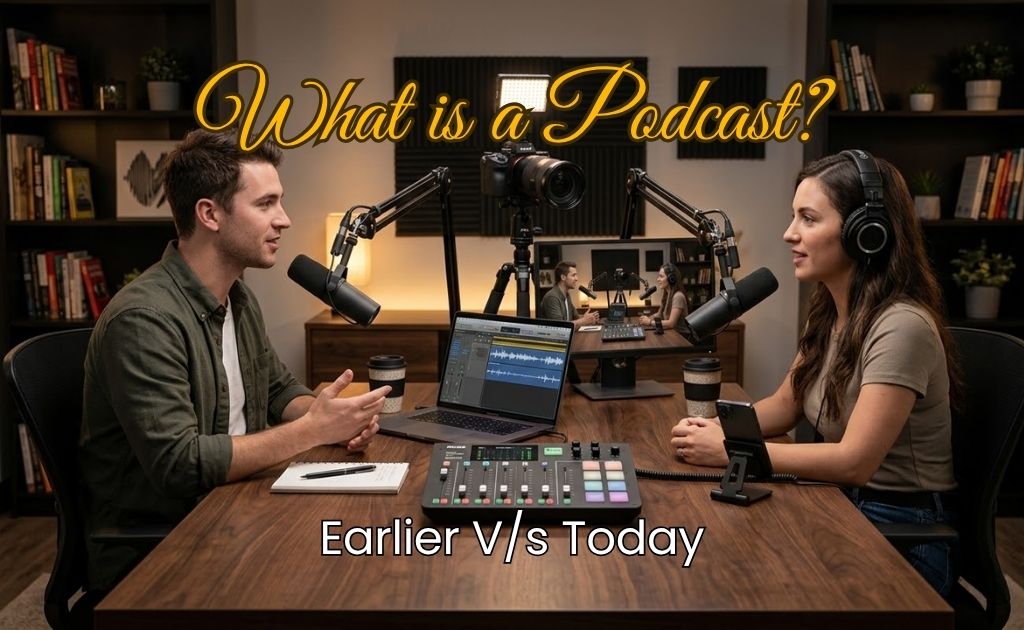 podcast interview setup with camera microphone and audio mixer for beginners