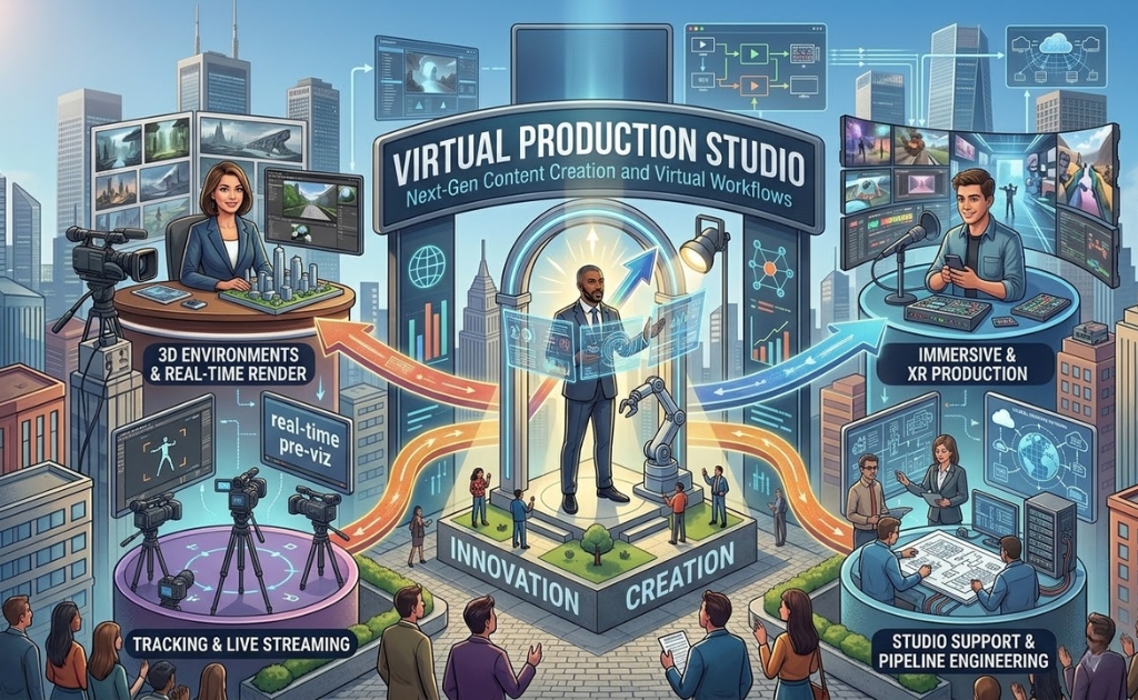 Virtual production studio in Chennai with professional video shoot setup, cameras, lighting, crew, and digital background for content creation