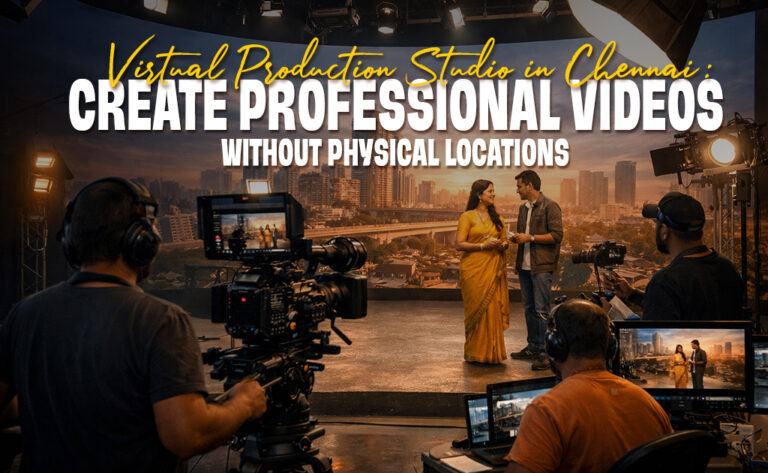 Illustration of a virtual production studio in Chennai showing 3D environments, XR production, real-time rendering, live streaming, and studio workflow technology